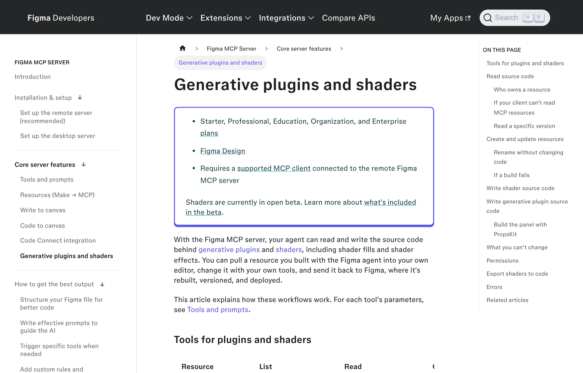 Figma MCP 서버 문서의 생성 플러그인과 셰이더 페이지 (출처: https://developers.figma.com/docs/figma-mcp-server/generative-plugins-and-shaders/, 캡처일 2026-10-30)