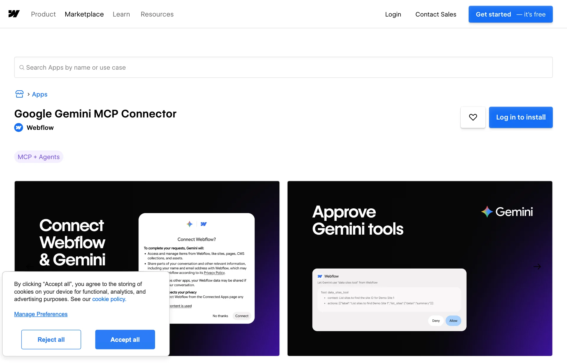 Webflow 앱 마켓플레이스의 Google Gemini MCP Connector 페이지. 출처: webflow.com/apps/detail/google-gemini-mcp-connector (캡처일 2026-10-23)
